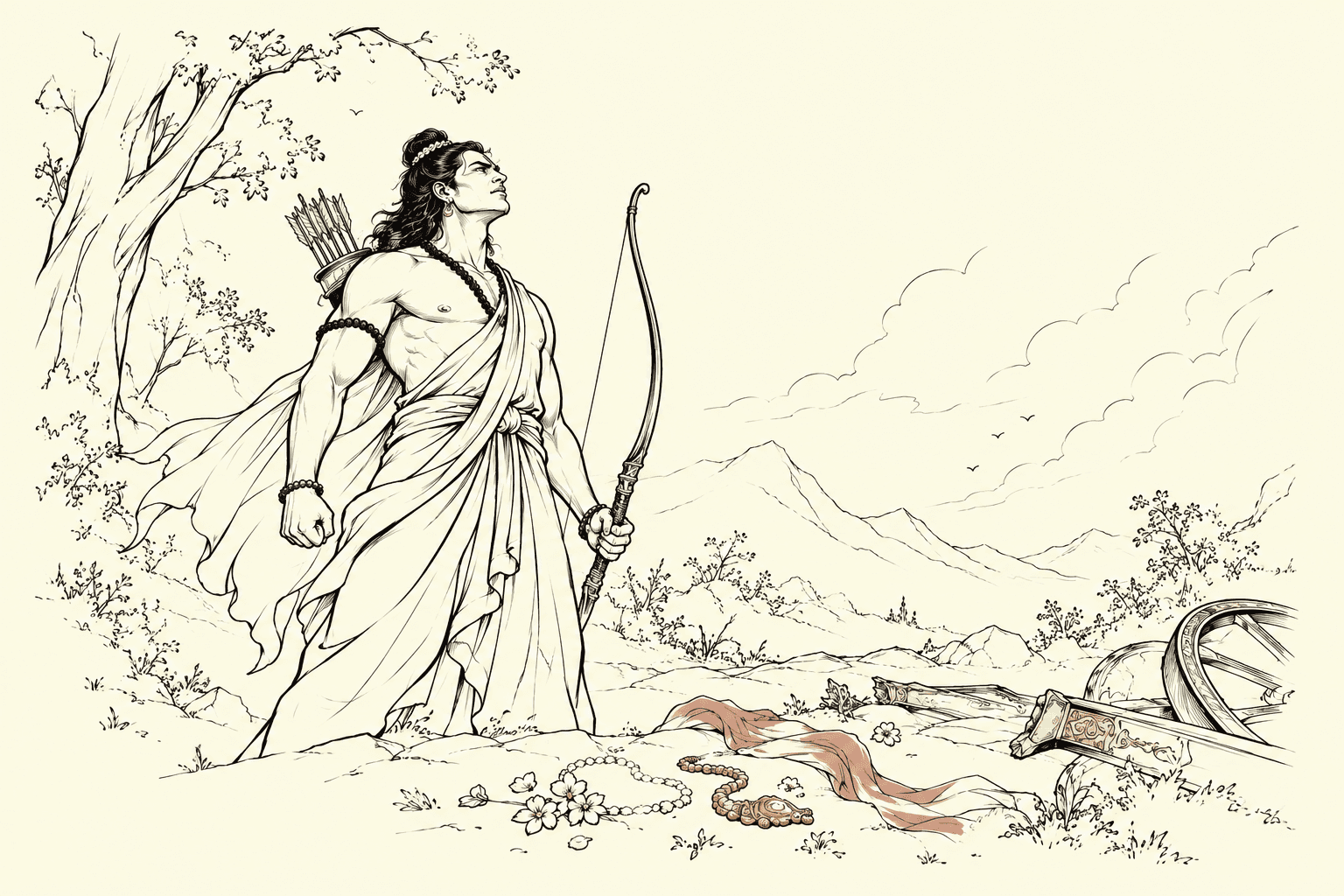 Line drawing of Rama with a bow, looking toward the sky