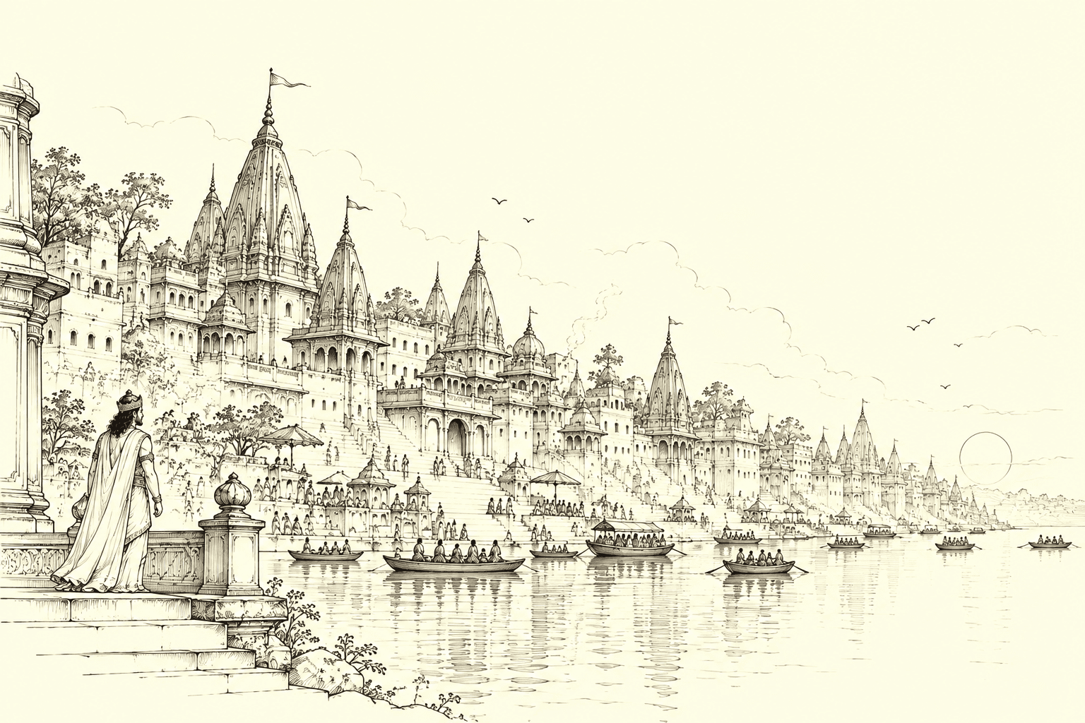 Line drawing of the ghats of Kashi along the river